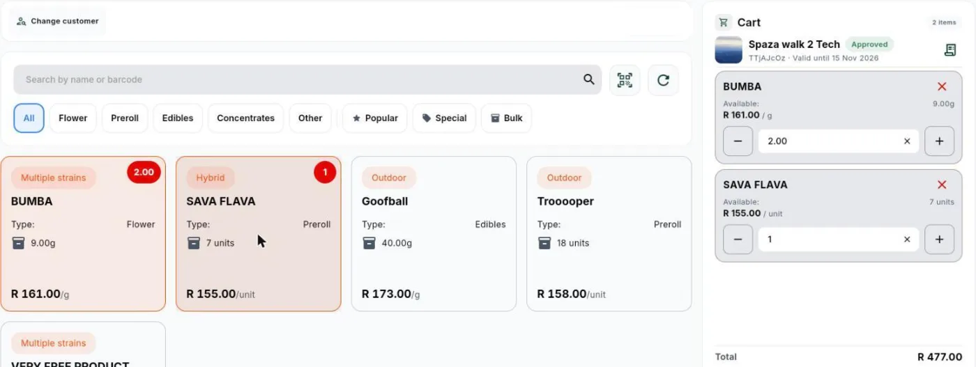 Point of Share with a member selected and two products in the cart