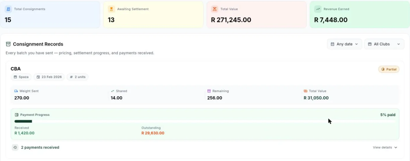 Farmer Hub consignment record showing payments received and the balance still outstanding
